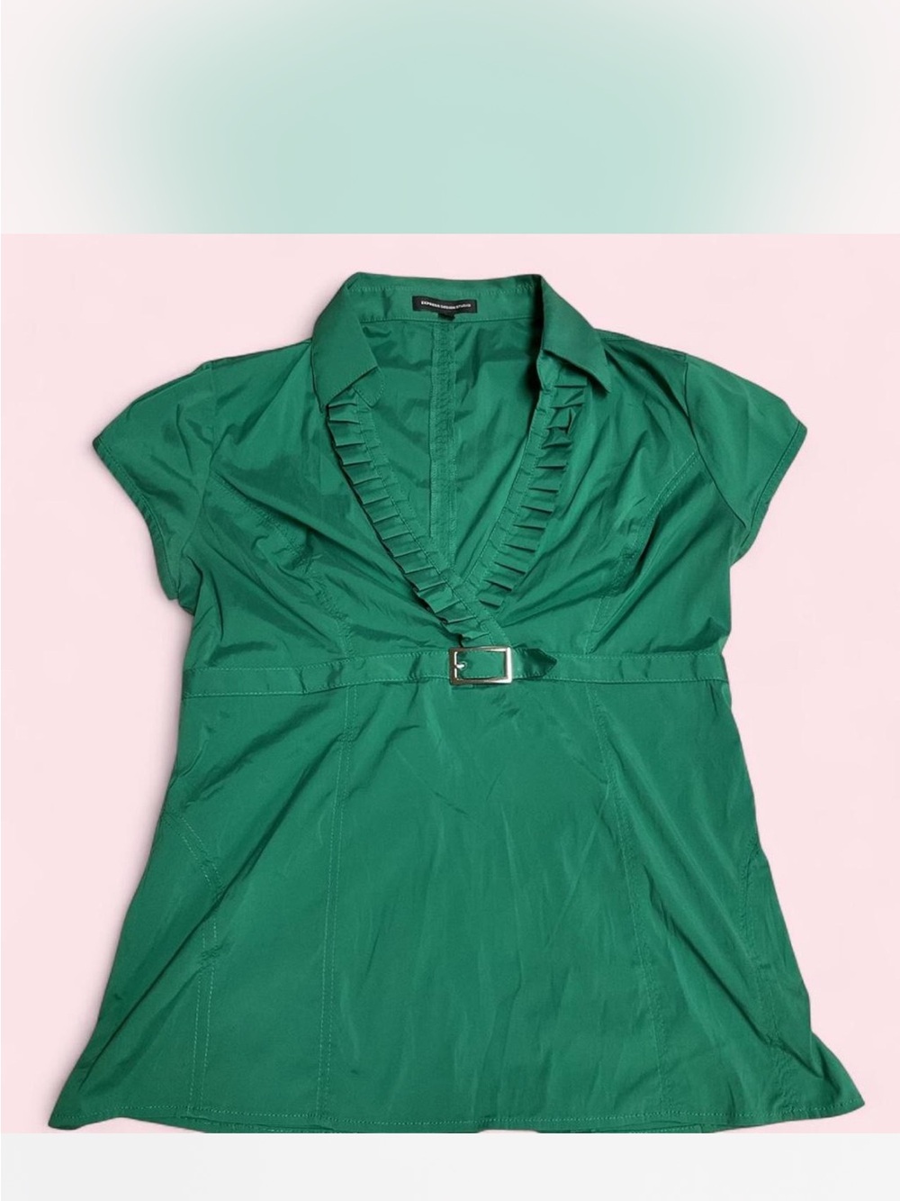 Express Emerald Green Ruffle V-Neck Belted Blouse